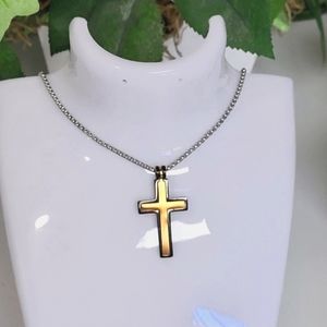 18KGP "HE Rocks" Brand stainless steel tri-tone cross + chain w/ signature tag